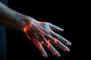 Illustration einer Hand, deren Adern fluoreszieren