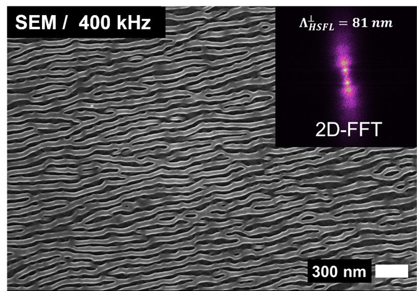 Sub-100 nm HSFL-Nanostrukturen auf Titanlegierung erzeugt mit ps-Laser-Pulswiederholraten von 400 kHz.