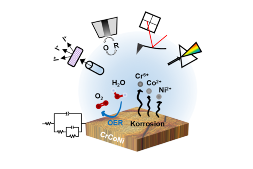 Metal dissolution during OER in equimolar CrCoNi alloy highlights the need for metal ion quantification to assess catalyst efficiency and stability. Metal dissolution during OER in equimolar CrCoNi alloy highlights the need for metal ion quantification to assess catalyst efficiency and stability.