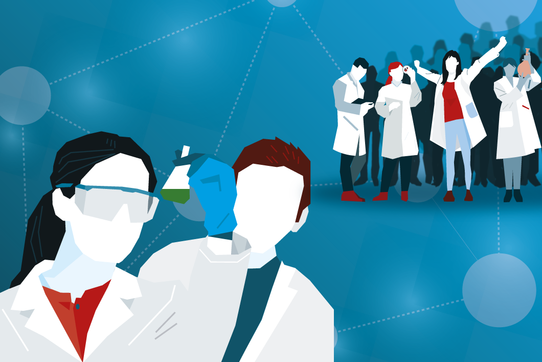Illustration junge Wissenschaftlerinnen und Wissenschaftler