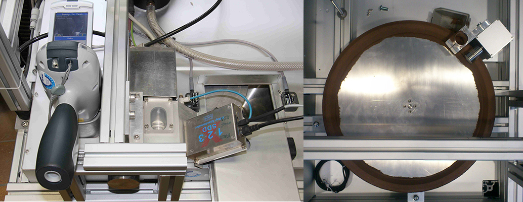 Mobile XRF instrument setup with handheld XRF and XRF sensor for measuring moving samples (left) and rotating sample plate with track (right)