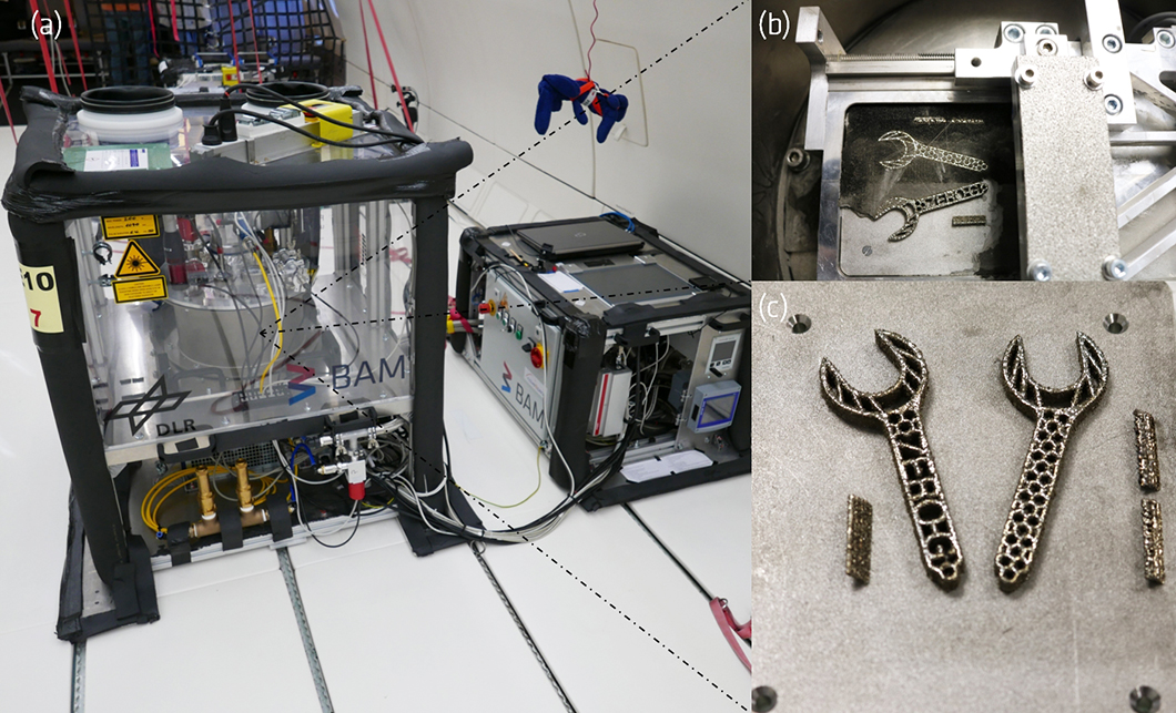 (a) Setup for LBM in &mu;-gravity mounted in the Airbus A310 ZERO-G during a parabolic flight campaign; (b,c) samples laser beam melted in &micro;-gravity