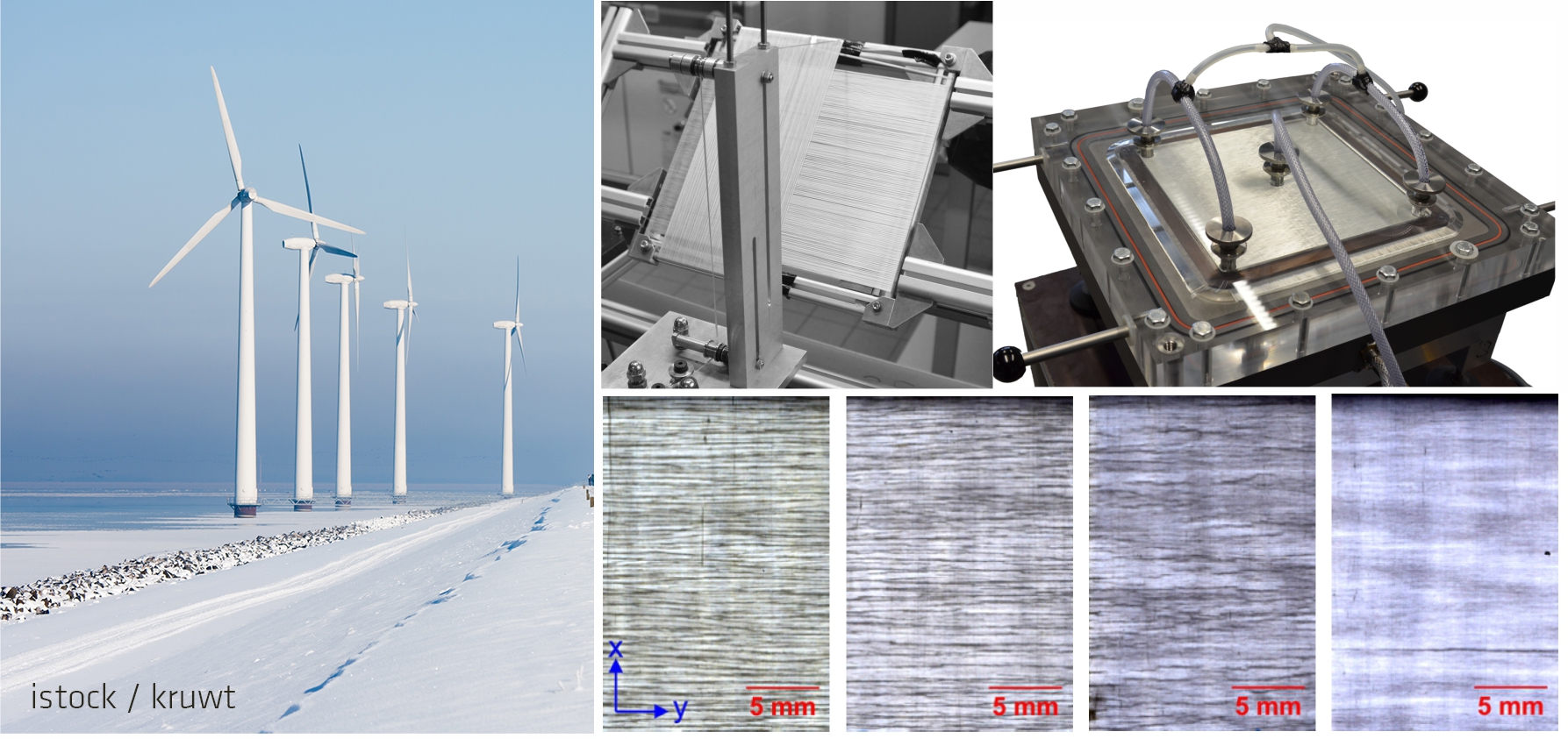Windkraftanlage im Winter, Glasfasern werden zu einem Textil verarbeitet und mit Epoxidharz getr&auml;nkt, Rissbildung in FKV bei verschiedenen Temperaturen
