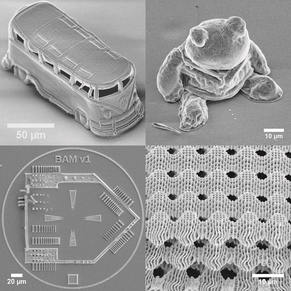Paper des Monats 30/12/2022: TF Material Filigrane freistehende Strukturen aus gesintertem Yttrium stabilisiertem Zirkonoxid verschiedener Formen und Größen mit einer Auflösung im Sub-Mikrometerbereich, (ol) Bus, (or) BAM-Fred, (ul) Test-Artefakt, (lr) hohl gedruckte SchwarzP-Struktur