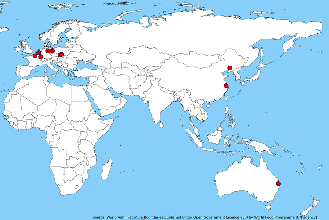 Overview map with the locations of the eleven participating laboratories