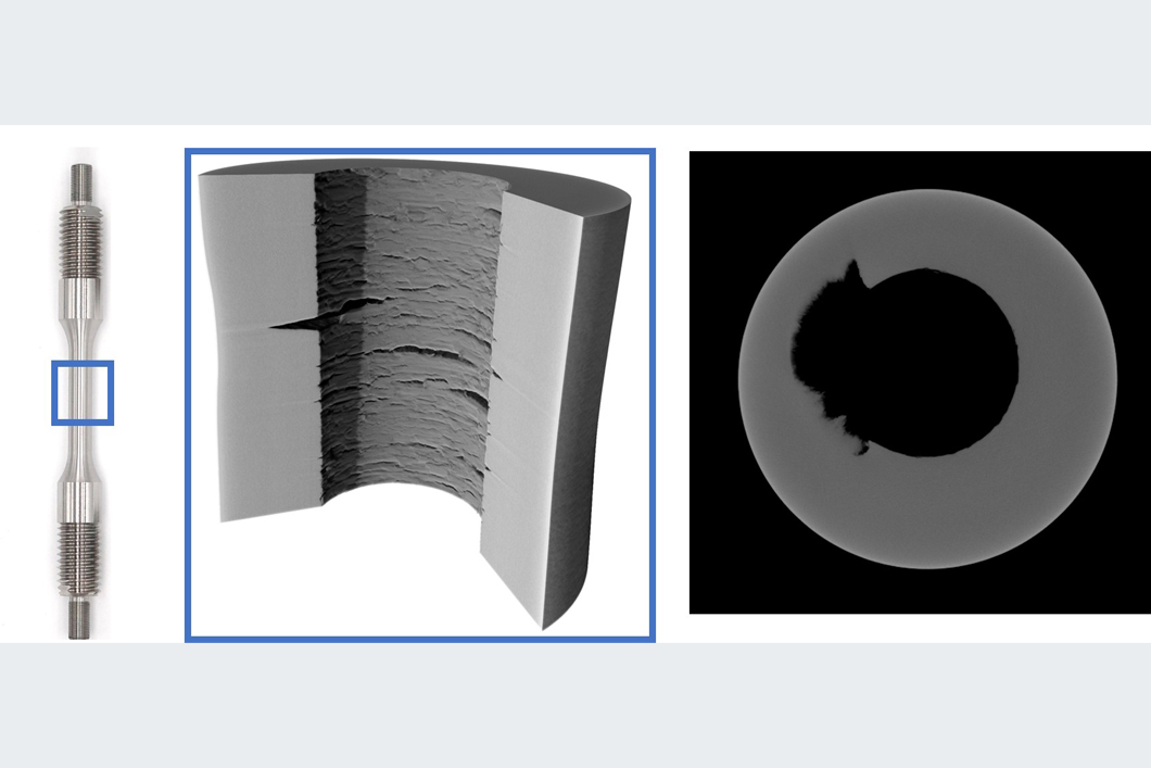 Hollow specimen (left) and &micro;CT-image of cracks in a hollow specimen tested in hydrogen atmosphere