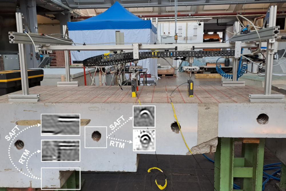 Paper of the month 01/2025: TF Infrastructure Ultrasonic measurements on a concrete specimen and imaging results from SAFT and RTM, exemplarily shown for one step and tendon duct