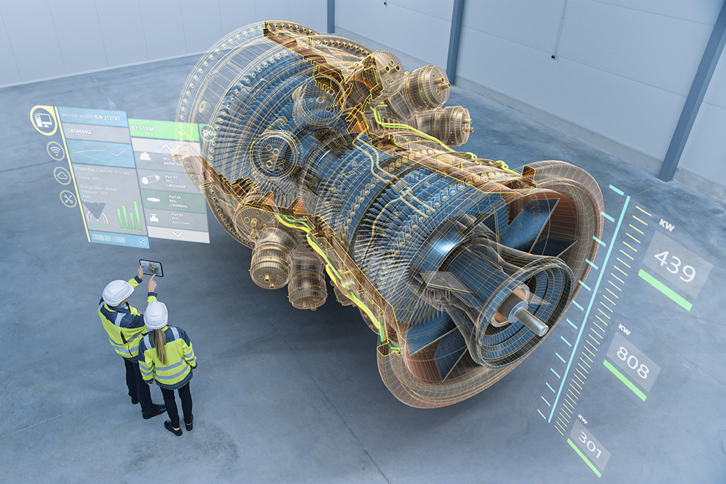 QI Digital Zwei Ingenieure stehen und sprechen in einer Fabrikwerkstatt mit Augmented Reality 3D-Modell eines riesigen Turbinenmotors