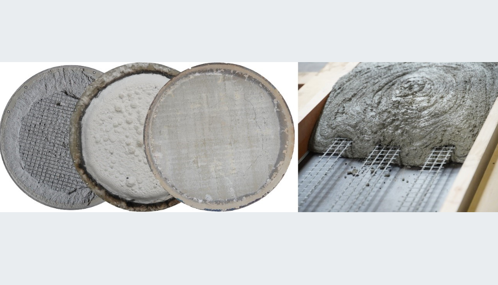 Das Bild zeigt links drei runde Scheiben aus Carbonbeton und rechts eine graue Betonmasse die sich auf einem metallenen Gitternetz verteilt