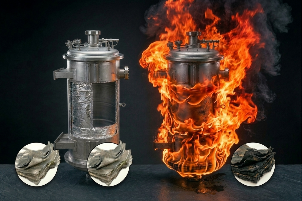 Zwei zylindrische Metallbehälter vor dunklem Hintergrund. Links unbeschädigt und mit aufgeschnittener Hülle. Rechts vollständig von Flammen umgeben.