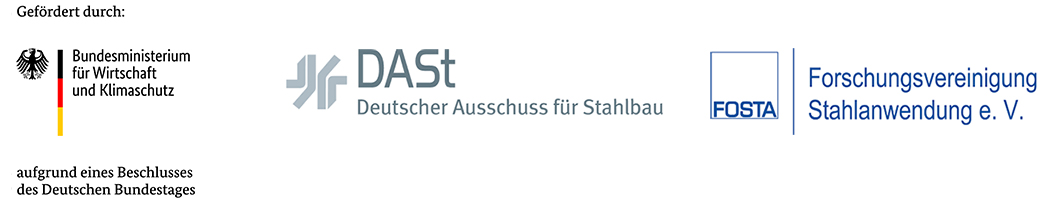 Logos: Bundesministerium f&uuml;r Wirtschaft und Klimaschutz (BMWi), Deutscher Ausschuss f&uuml;r Stahlbau (DASt), FOSTA Forschungsvereinigung Stahlanwendung e.V. (FOSTA)