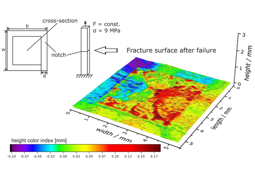 H&ouml;hendarstellung (Laser Scanning Mikroskop, LSM) einer charakteristischen Bruchfl&auml;che eines FNCT-Pr&uuml;fk&ouml;rpers.