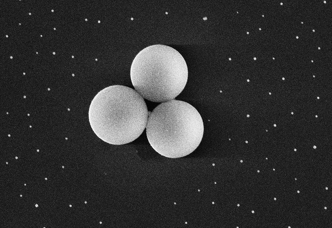 Nanopartikel umgeben drei 1 &micro;m-Partikel. 