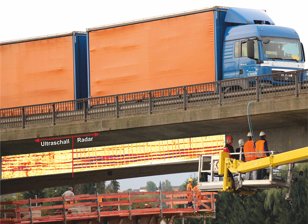 Messungen an einer Br&uuml;cke, &uuml;ber die ein LKW f&auml;hrt