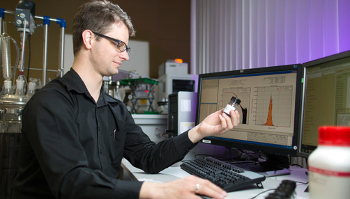BAM employee Brain R. Pauw at his computer, with the analysis software visible on screen.