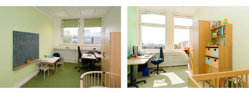 The new parent-and-child offices are painted in a beautiful, fresh green. They have a fully equipped PC workstation and various child-friendly furniture.