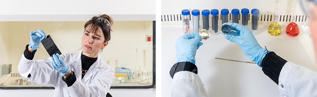 Dalia Morcillo bei der Probenvorbereitung und Extraktion des Aktivmaterials von der Elektrode