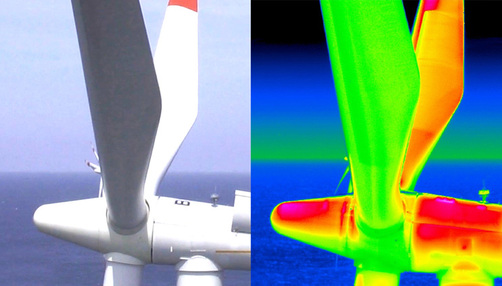 A photograph of a wind turbine compared with the corresponding thermogram A photograph of a wind turbine compared with the corresponding thermogram