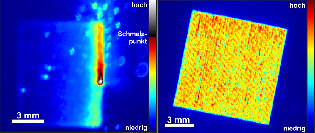 Thermografische Momentaufnahme des Schmelzbades (links), optische Tomografie (rechts) Thermografische Momentaufnahme des Schmelzbades und optische Tomografie