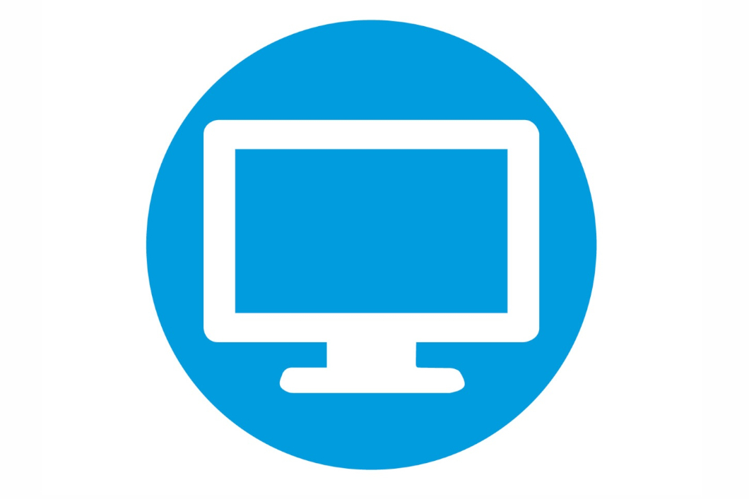 Monitor Icon, wei&szlig;er Monitor auf blauem kreisf&ouml;rmigen Grund 