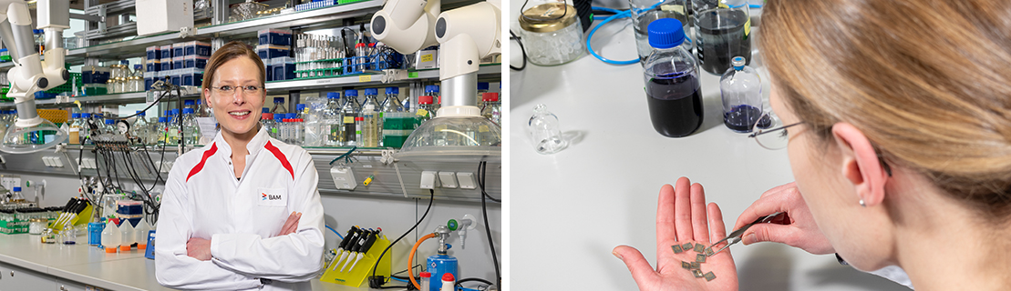 MIC - Andrea Koerdt im Labor: Mit Mikroorganismen inkubiertes Material Andrea Koerdt in the laboratory. Here she examines material that has been incubated with microorganisms.