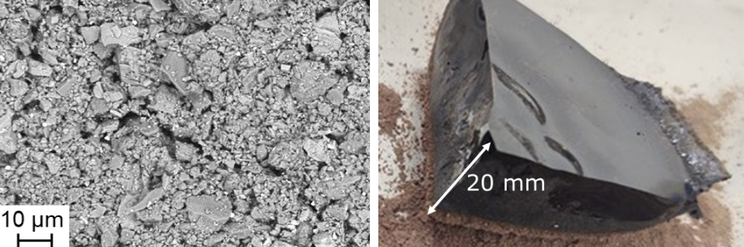 PAVER Scanning electron microscope image of the EAC-1A lunar regolith simulant (left) and a piece of the sintered and cracked material (right)