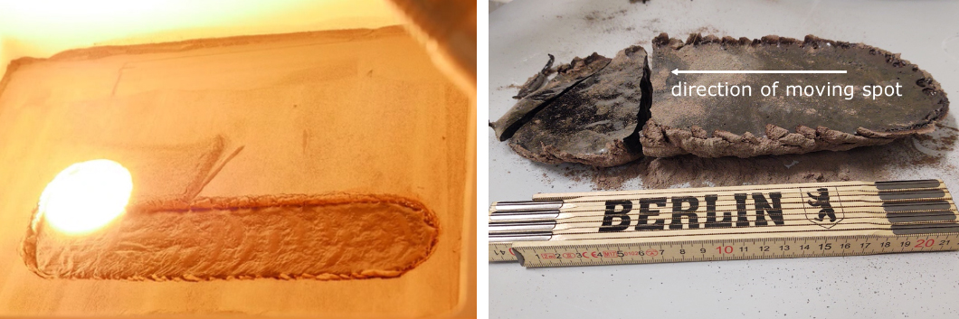 PAVER Single track sintering (left) and generated sample (right), cracking only towards the end of the track