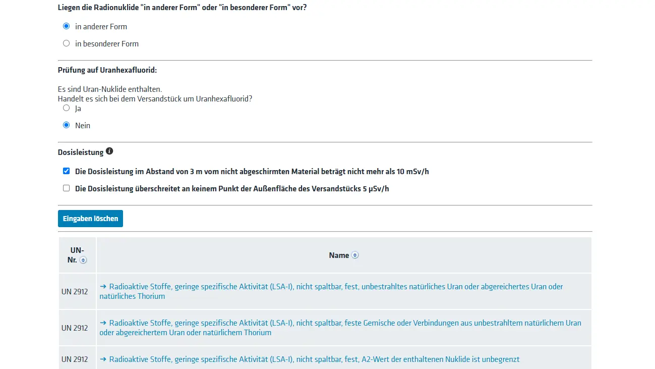 Screenshot von der Trefferliste vom Modul f&uuml;r radioaktive Stoffe Thema Kennzeichnung