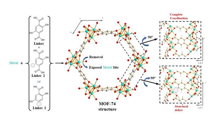 Generation of structural defects in a MOF-74 structure with Exposed Metal Sites by partial linker substitution