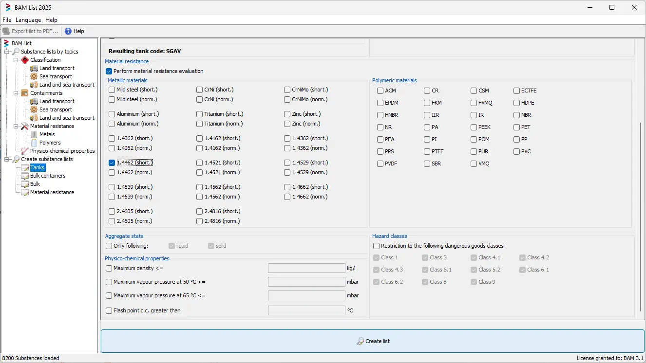 Screenshot of the creation of a substance list in the BAM List