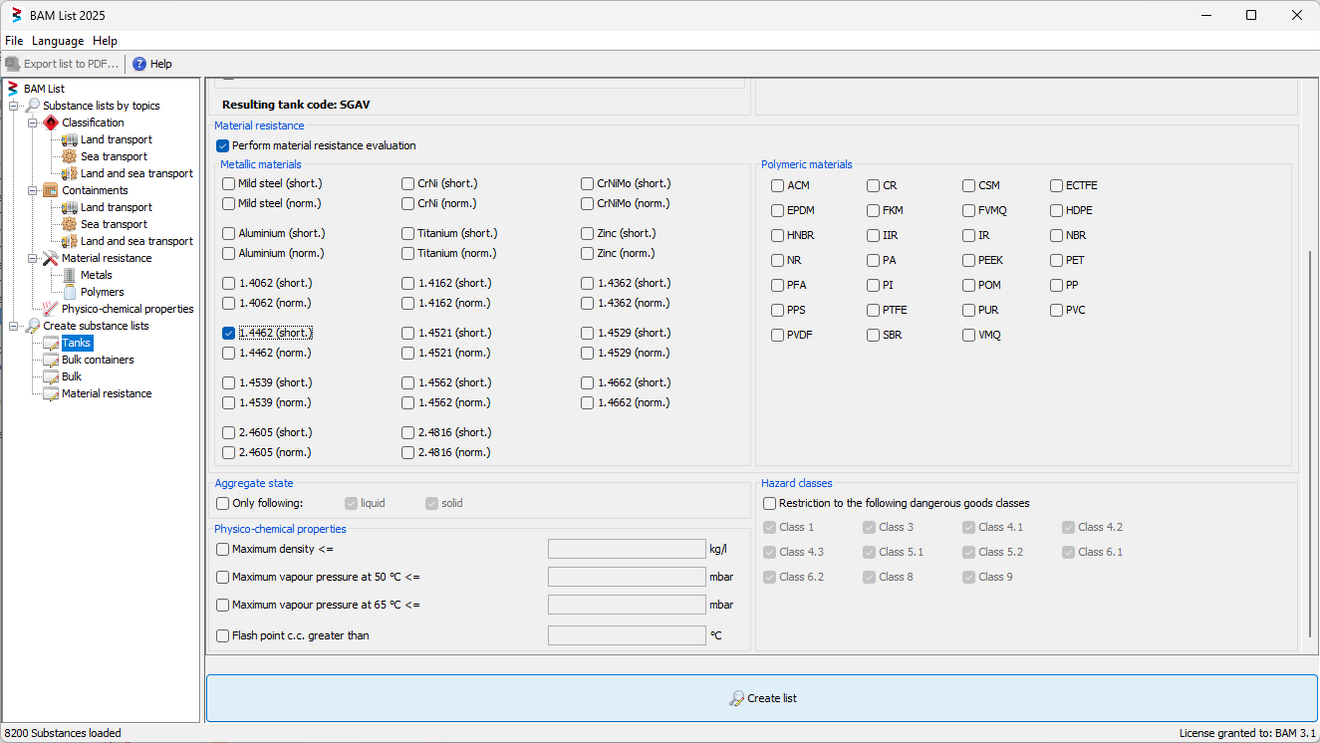 Screenshot of the creation of a substance list in the BAM List Tile preview