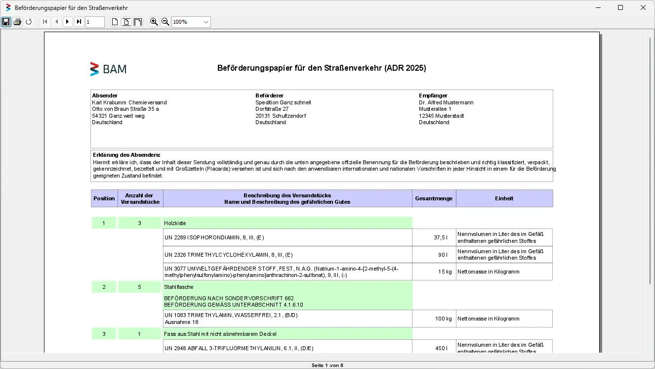 Screenshot from the Transport Document of the in the Dangerous Goods Database integrated Transport Documents Module