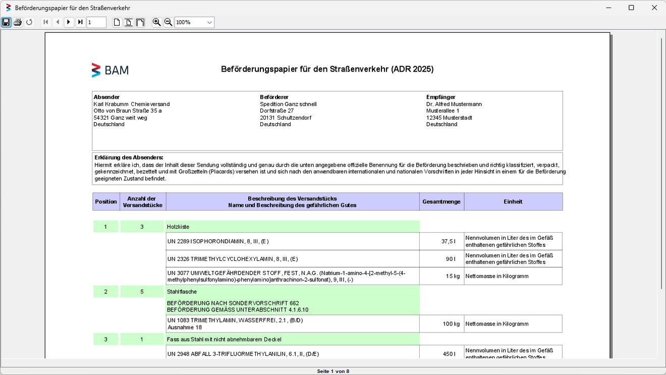 Screenshot from the Transport Document of the in the Dangerous Goods Database integrated Transport Documents Module Tile preview