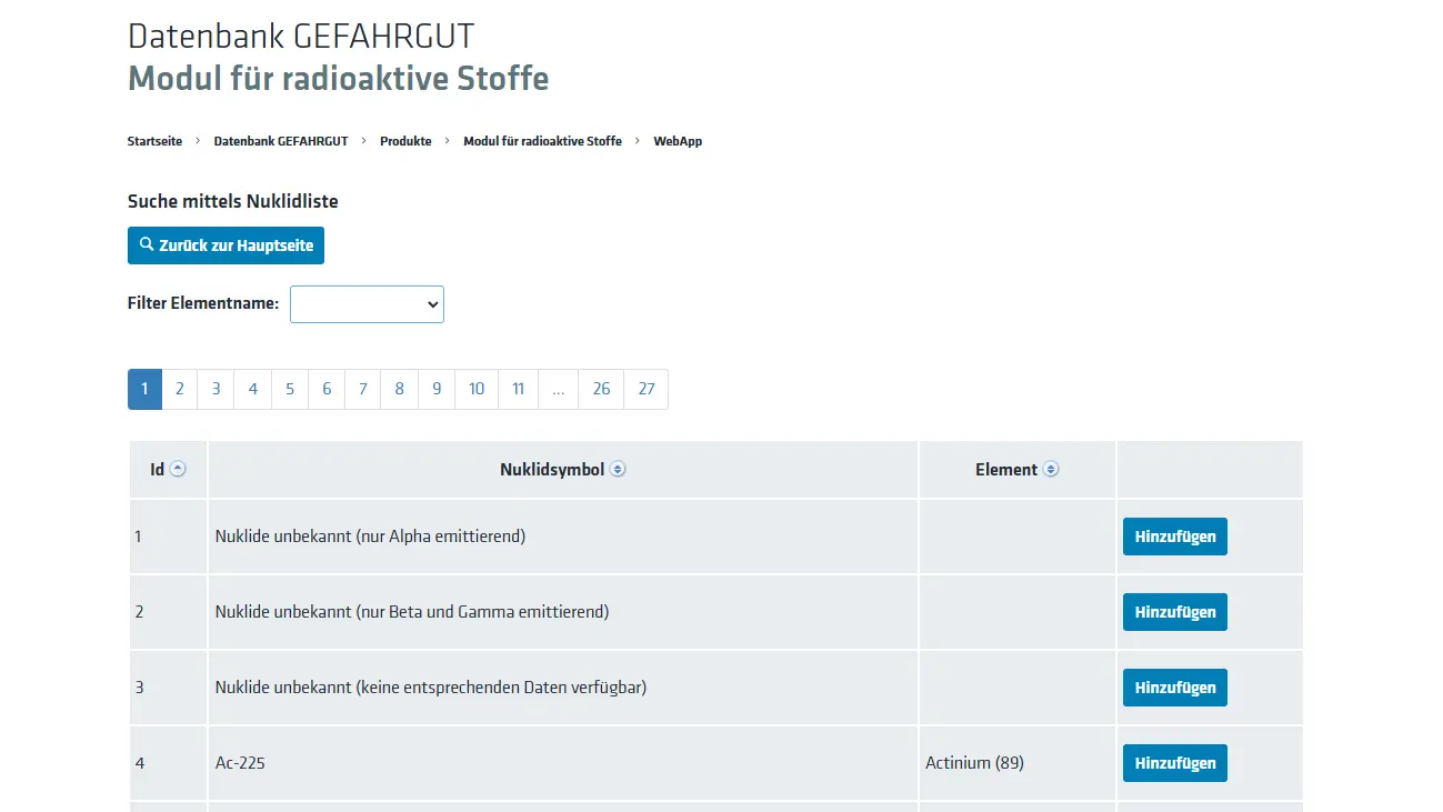 Screenshot vom Modul f&uuml;r radioaktive Stoffe Thema Nuklidauswahl