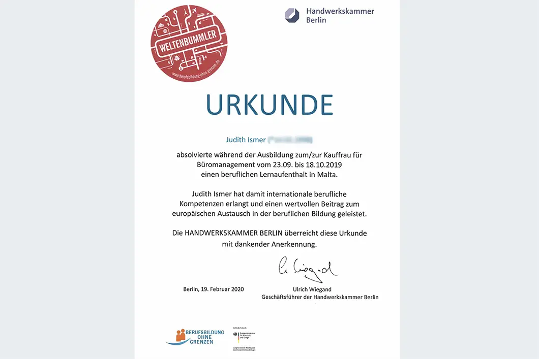 Mobilit&auml;tszertifikat der Handwerkskammer Berlin