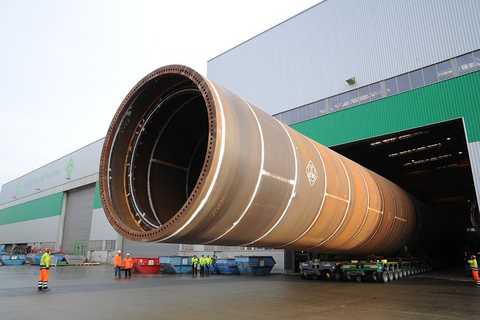 Monopile during production at the factory.