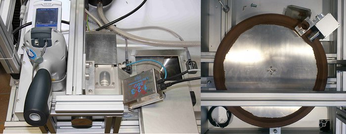 Mobile XRF instrument setup with handheld XRF and XRF sensor for measuring moving samples (left) and rotating sample plate with track (right)