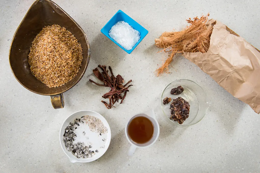 The bio-concrete pioneer Ingredients with bio content: they include rice husks (top left), ash from cassava peels (bottom left), karroo gum (centre) and coconut fibres (right).