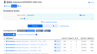 Screenshot der erweiterten Suche mit Trefferliste aus der DGG-Info Kachel Vorschau
