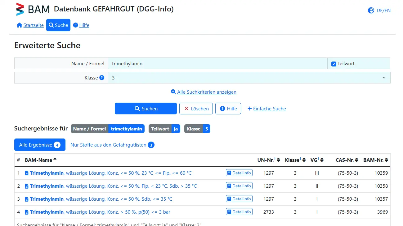 Screenshot der erweiterten Suche mit Trefferliste aus der DGG-Info