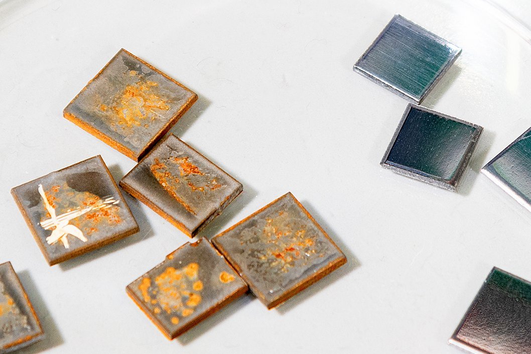 Metal samples were exposed to a medium containing microbes. The samples exposed to the medium show clear traces of corrosion. 