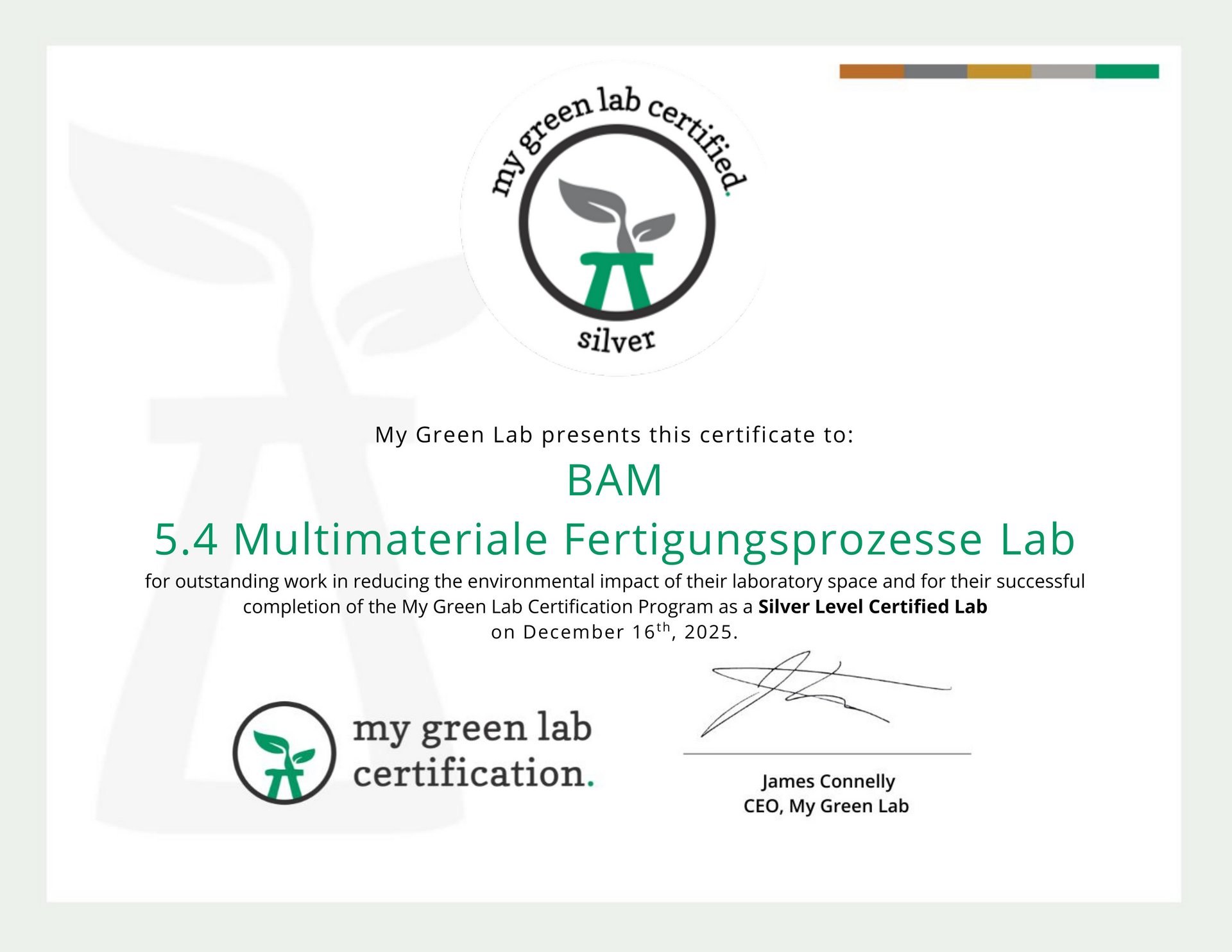 Green Lab Certificate of the Multimateriale Fertigungsprozesse Labs