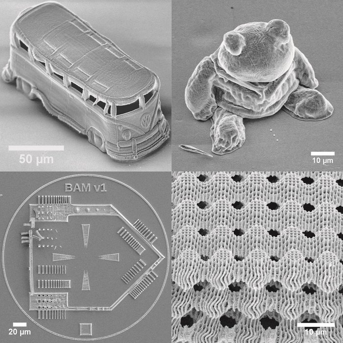 Filigree and free-standing structures consisting of sintered yttria stabilized zirconia with different geometries and sizes demonstrating the sub-micron resolution, (ul) Bus, (ur) BAM-Fred, (ll) Test-Artifact, (lr) hollow printed SchwarzP-structure