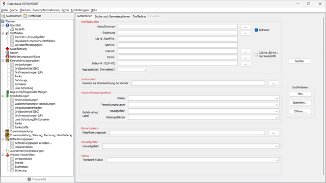 Screenshot der Suchmaske aus der Recherche Datenbank GEFAHRGUT Kachel Vorschau