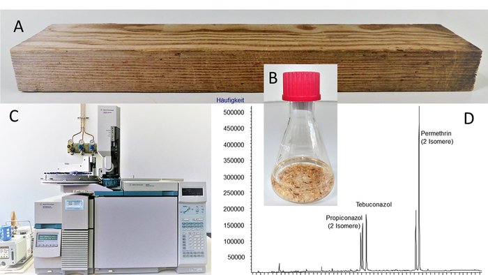 Aged wooden stake, extraction of wood, gas chromatograph and gas chromatogram of the extract 