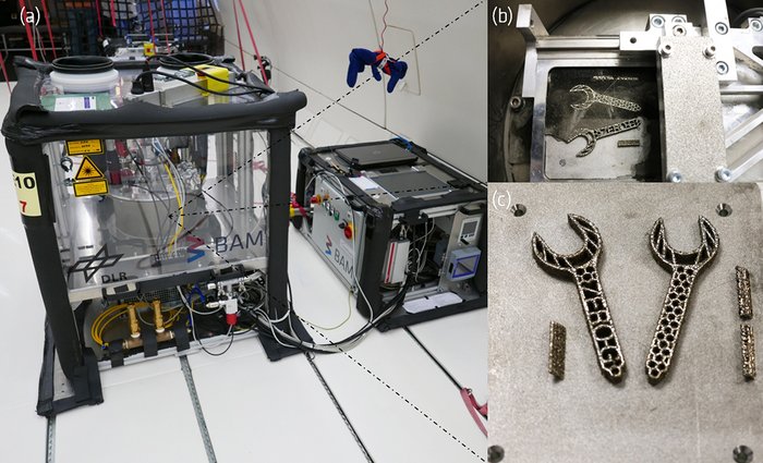 (a) Setup for LBM in &mu;-gravity mounted in the Airbus A310 ZERO-G during a parabolic flight campaign; (b,c) samples laser beam melted in &micro;-gravity