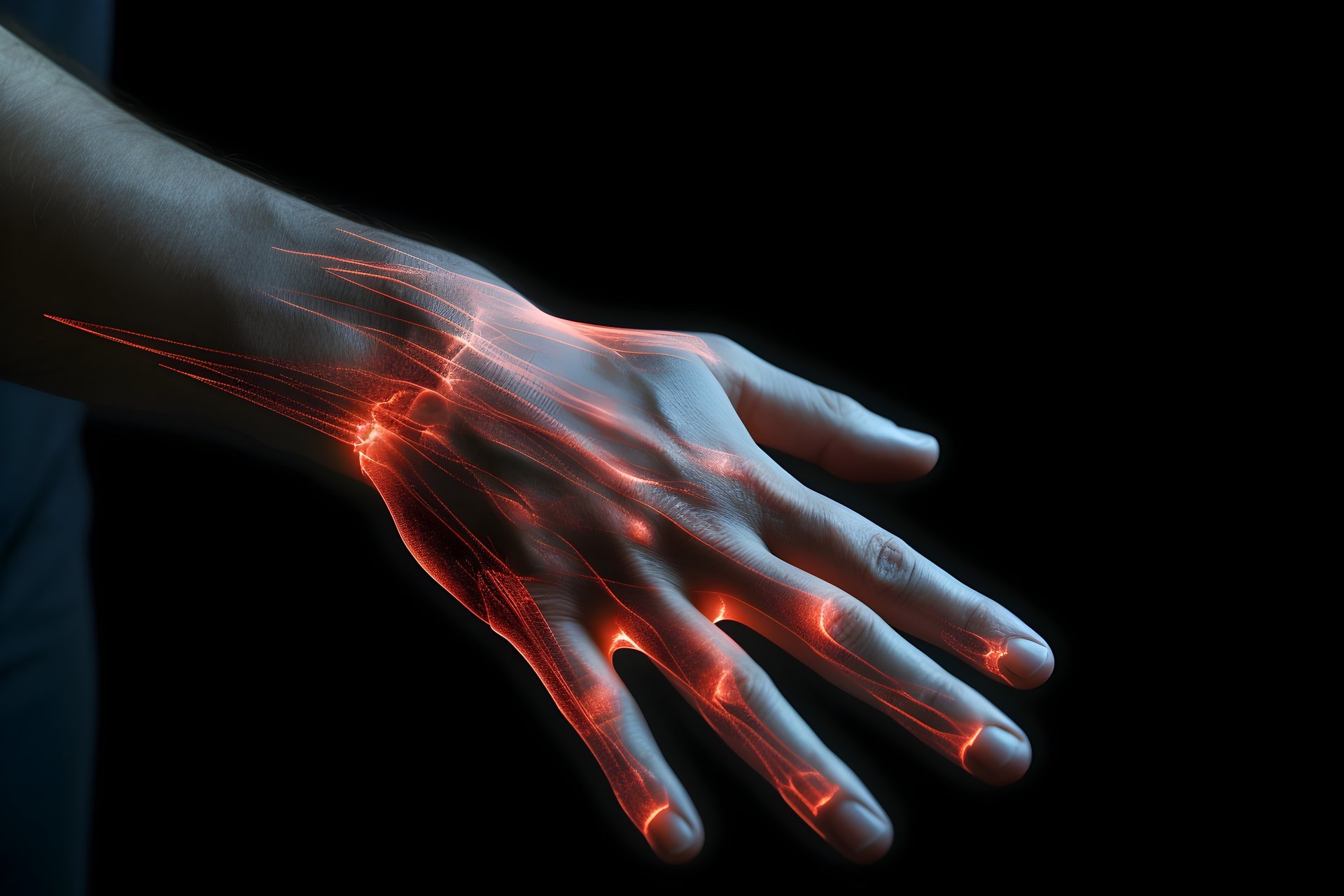 Optical Imaging system for translational analysis of NIR fluorescence signals for preclinical and clinical research (TRANSLATE). Illustration of a hand riddled with fluorescent veins