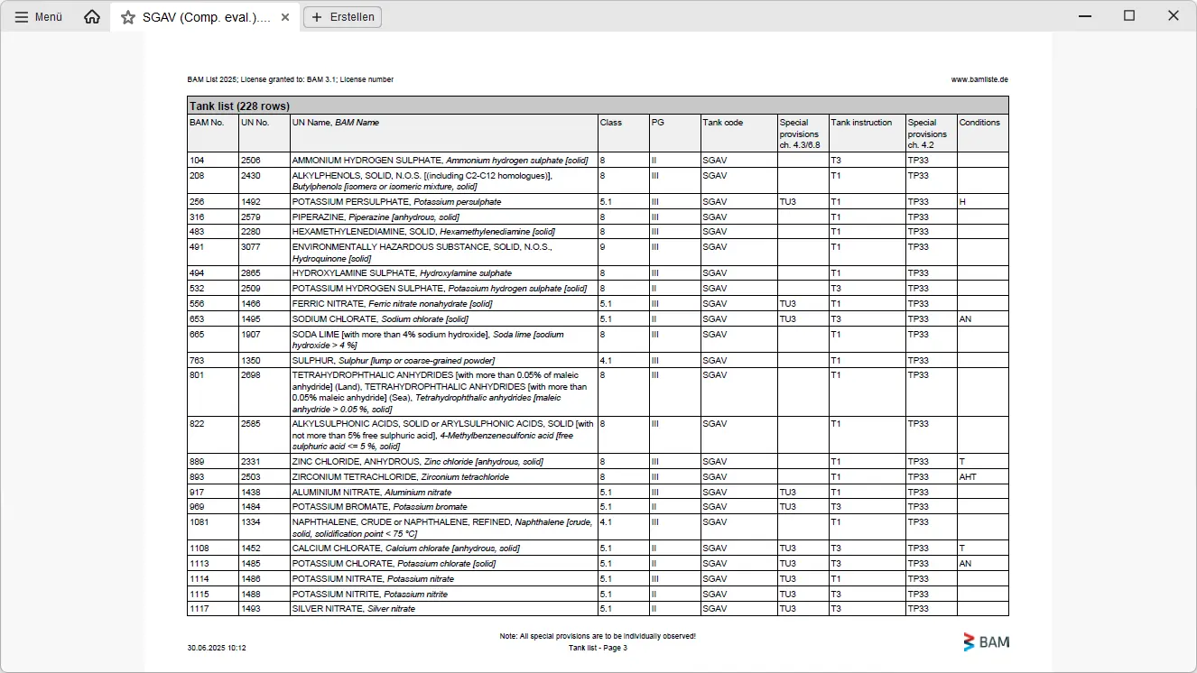 Screenshot of a substance list of the BAM List