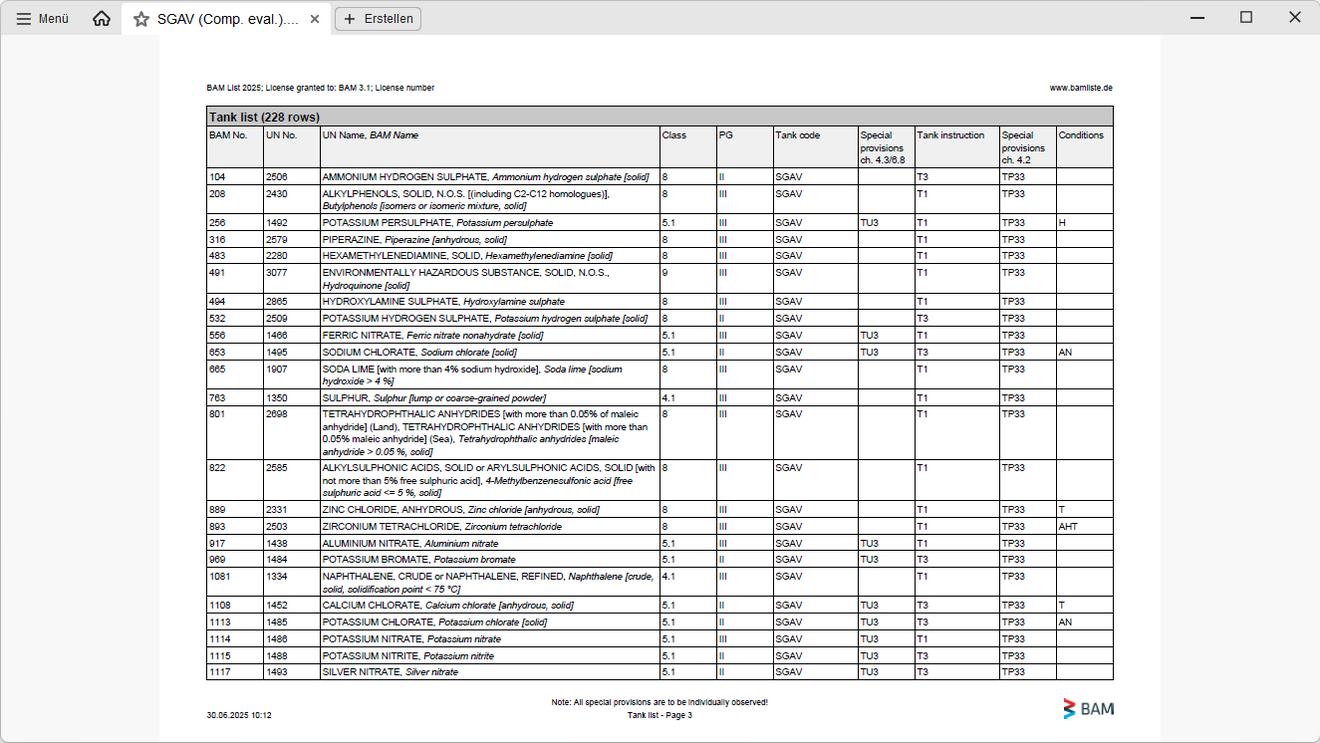 Screenshot of a substance list of the BAM List Tile preview