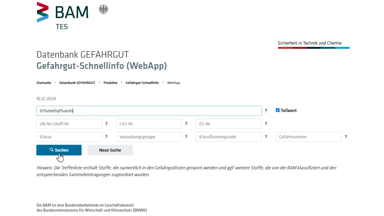 Screenshot von der Suchmaske der Gefahrgut-Schnellinfo